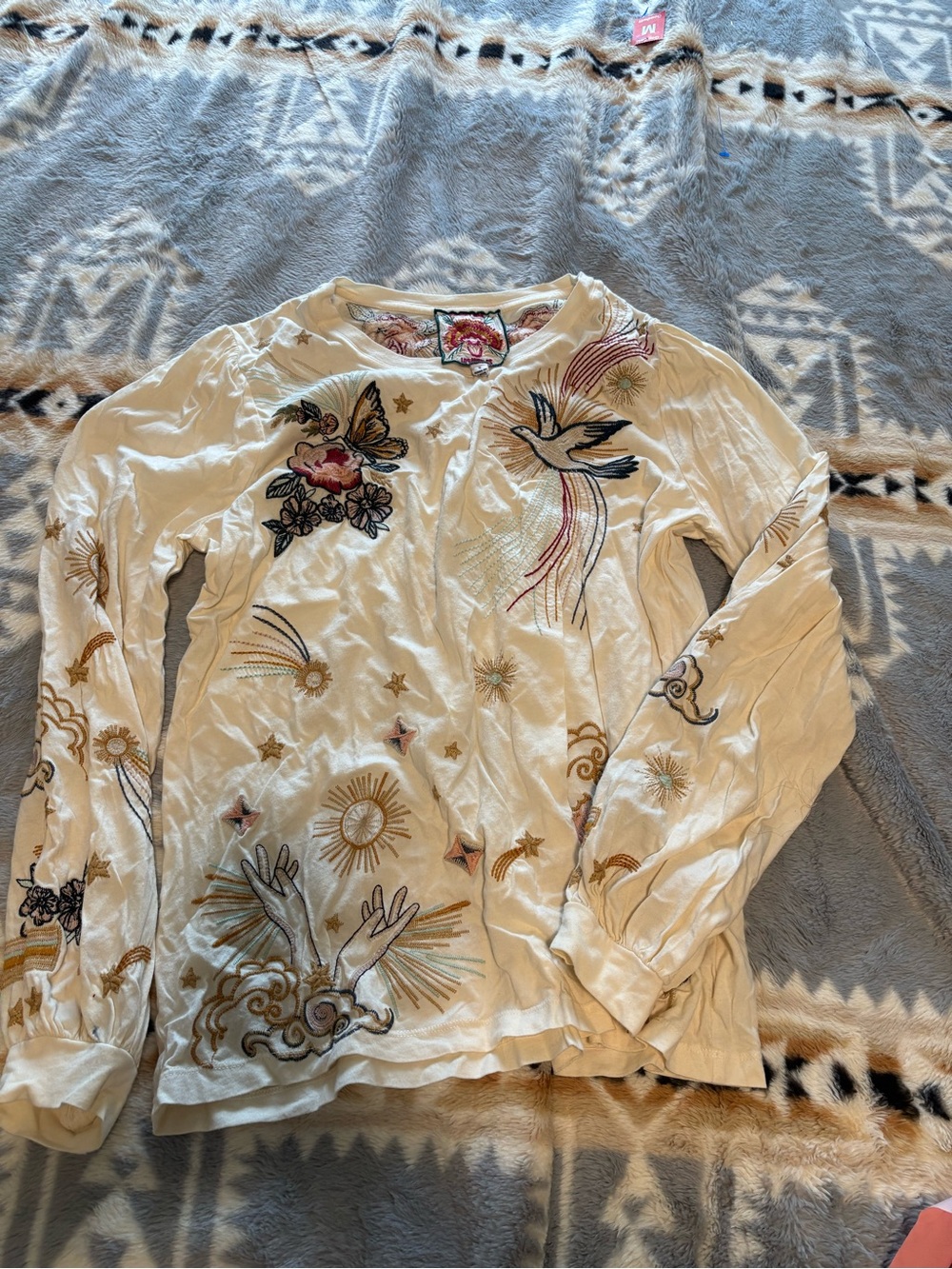 Johnny Was Cream Top with Pink and Gold Floral Embroidery